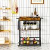 Modern Industrial Metal Wood Rolling Kitchen Wine Rack Bar Serving Cart