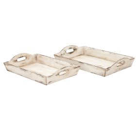 Benzara Distressed Wooden Serving Trays With Handles; Set Of 2; White