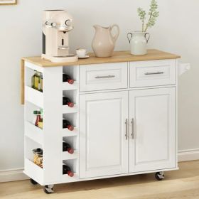 Multi-Functional Kitchen Island Cart with 2 Door Cabinet and Two Drawers,Spice Rack, Towel Holder, Wine Rack, and Foldable Rubberwood Table Top