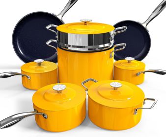 Lux 13pc Forged Lightweight Cookware Set PFAS Free, Healthy G10 Duralon Ceramic Coating, Ultra Non-Stick, Stay-Cool Handles (Color: Goldenrod)